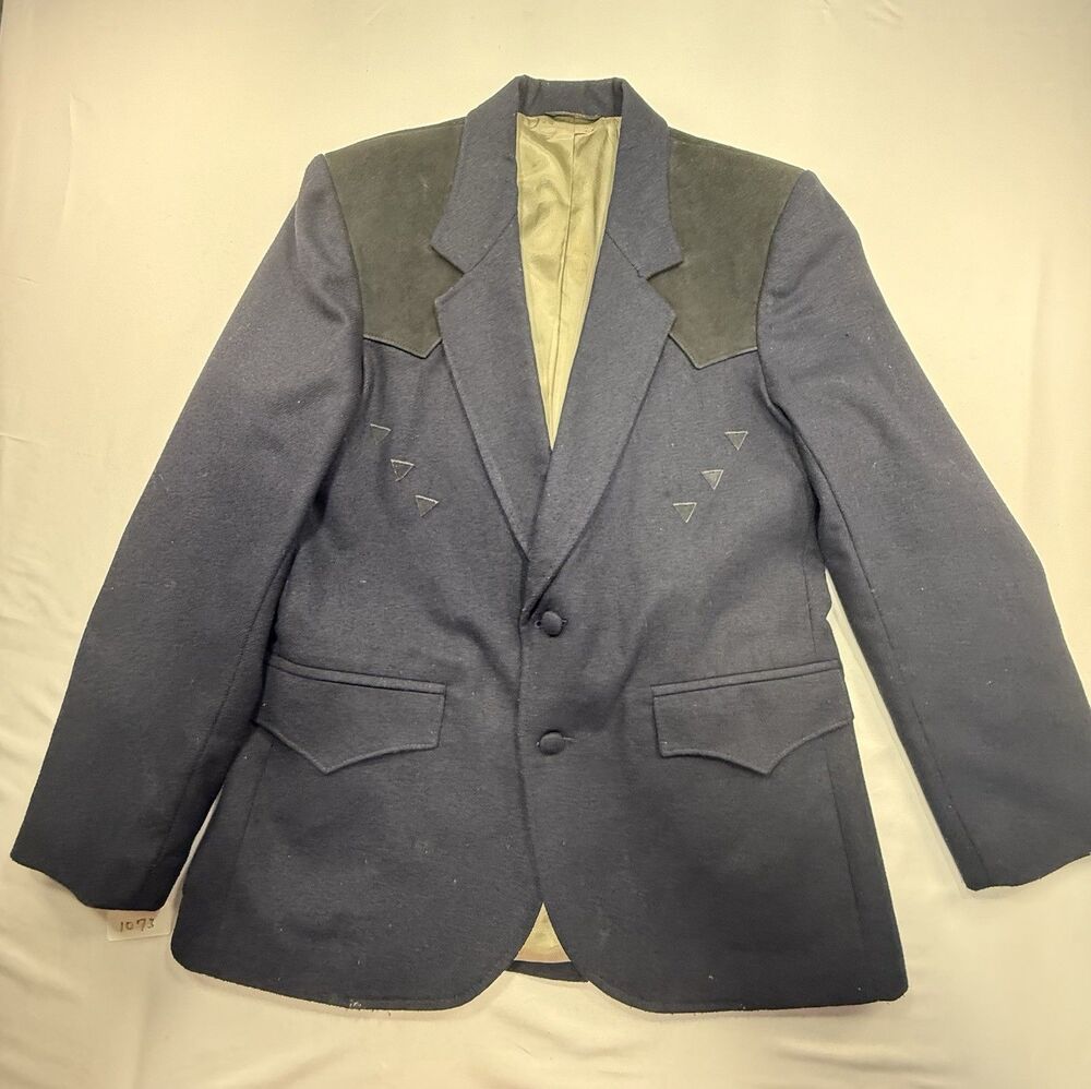 Vintage Pioneer Wear Western Blazer Mens 40 Navy Wool Leather USA Cowboy